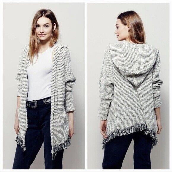 Free People Love Me Tender Cardigan Sweater Hooded Knit Fringe Blue Small - Picture 12 of 12